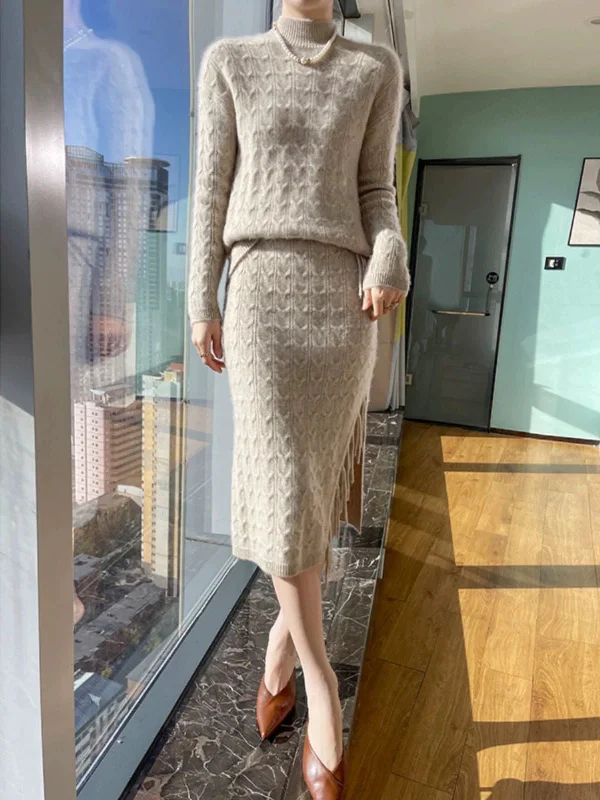 Sheer mesh skirt with lining for a trendy and modest styleJiah Winter Coord Set - Set of Sweater and Skirt