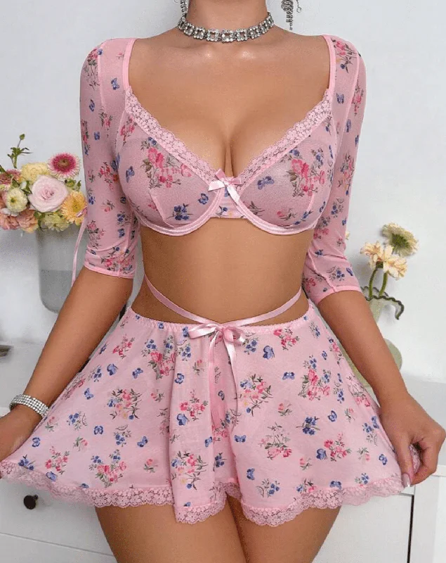 Wrap skirt in soft silk for an elegant evening eventCoquette Lingerie Skirt Set Floral Babydoll Pink