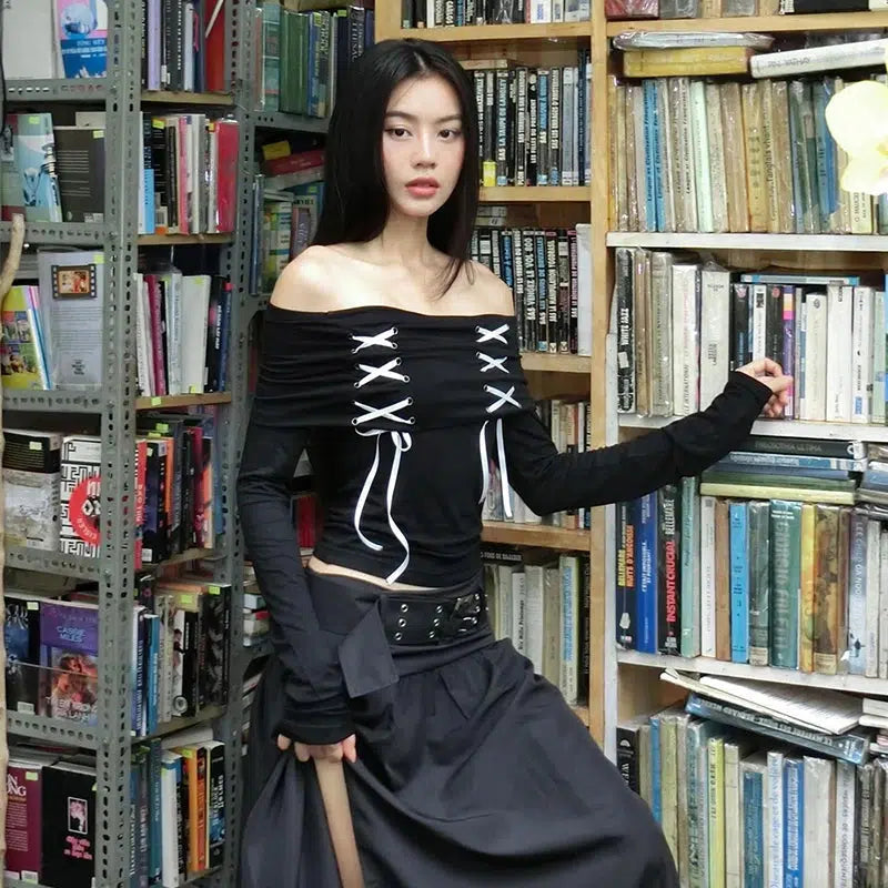 Lace - Trimmed Women Long Sleeve Top for an Elegant LookFairy Grunge Off Shoulder Lace Up Top