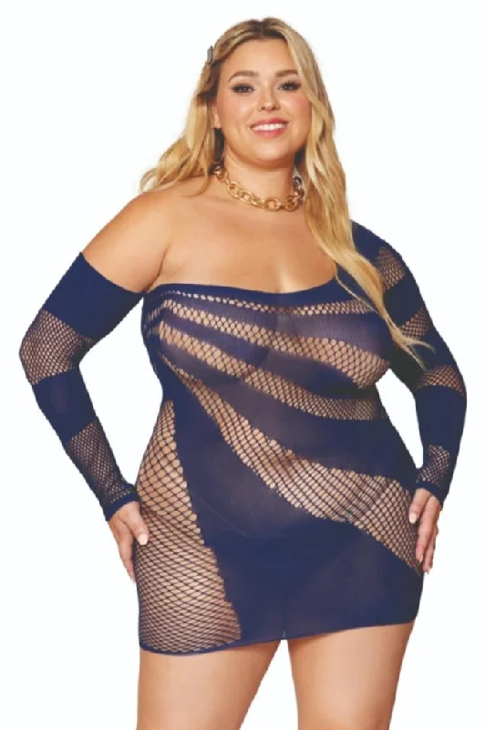 Off Shoulder Sheer Plus Size Mini Dress with Asymmetrical Neckline