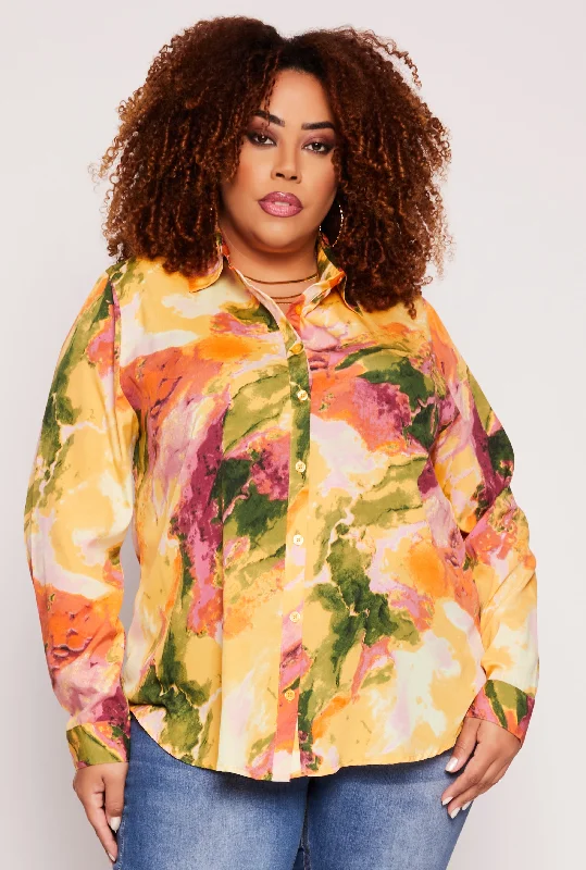 Plus Size Marble Print Collared Button Front Shirt