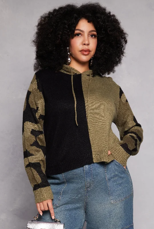 Plus Size Camo Color Block Hooded Sweater