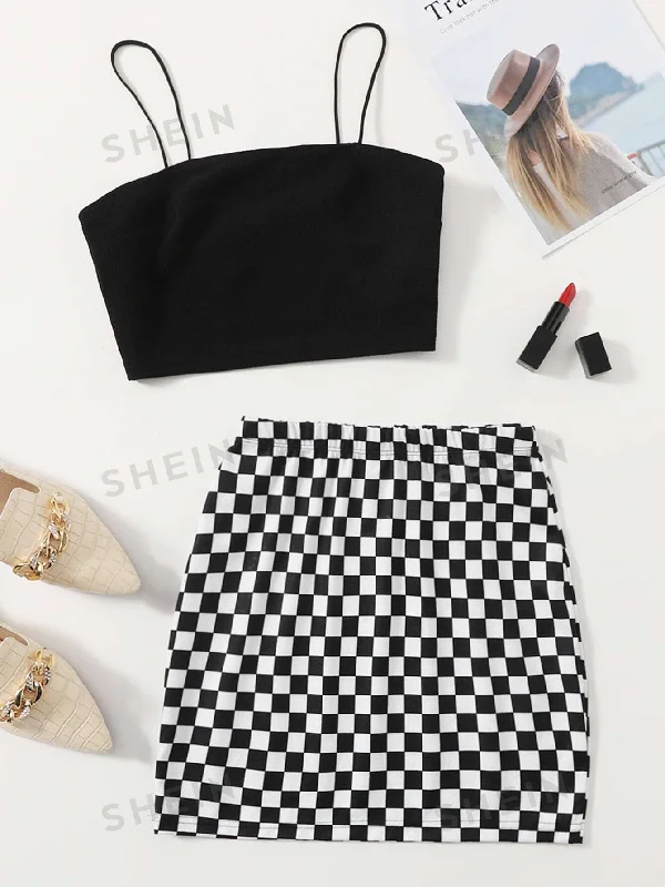 Sleeveless chiffon maxi skirt for a breezy summer eveningEssnce Solid Crop Cami Top & Checked Print Skirt