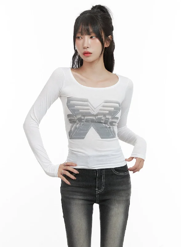 Graphic U-Neck Long Sleeve Top CG421