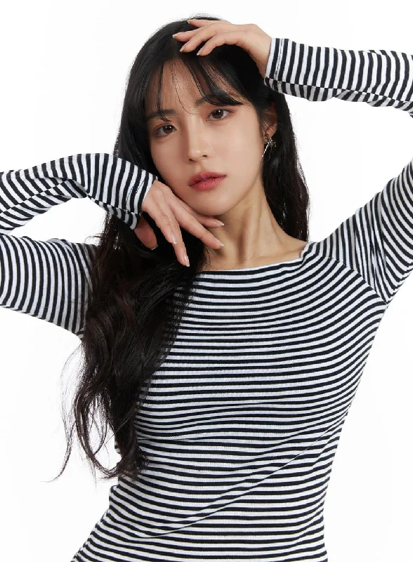 Pocket - Equipped Women Long Sleeve Top for Added FunctionalityBoat Neck Stripe Tee OJ431 Pocket - Equipped Women Long Sleeve Top for Added FunctionalityBoat Neck Stripe Tee OJ431