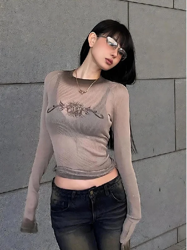 Metallic Accent Women Long Sleeve Top for a Glamorous LookY2K Cyberpunk Sigilism Sheer Top