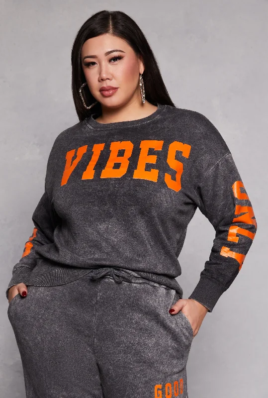 Plus Size Acid Wash Good Vibes Only Sweatshirt