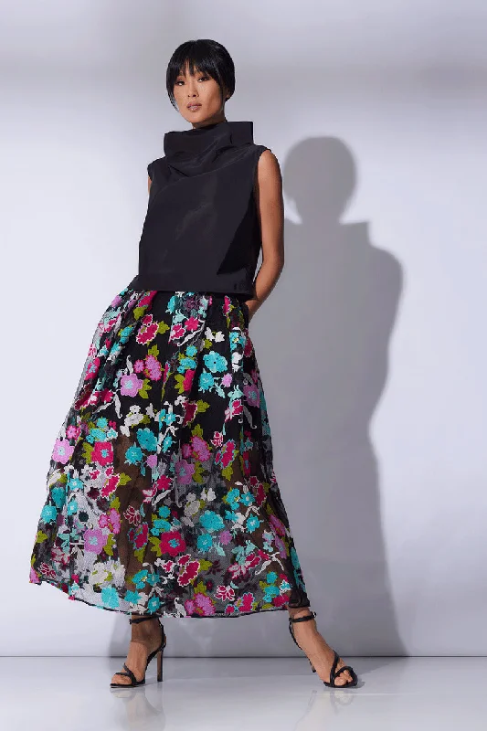 Sheer mesh skirt with lining for a trendy and modest styleTangier Embroidered Tulle Maxi Skirt