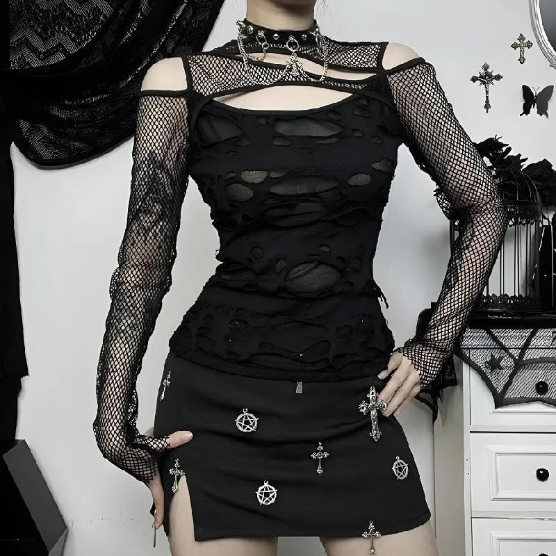 Printed Graphic Women Long Sleeve Top with a Bold StatementGoth Fishnet Ripped Top