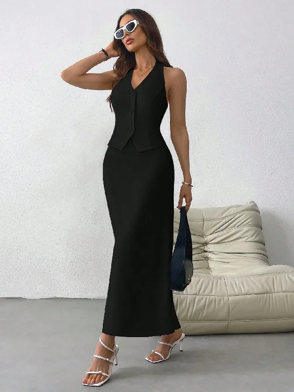 Button - down denim skirt for a vintage - inspired stylePrivé Women Solid Color French Halter Open-Front Buttoned Vest Jacket And Long Fish Tail Skirt Are Suitable For Weddings, Festivals, Dates And Vacations.
