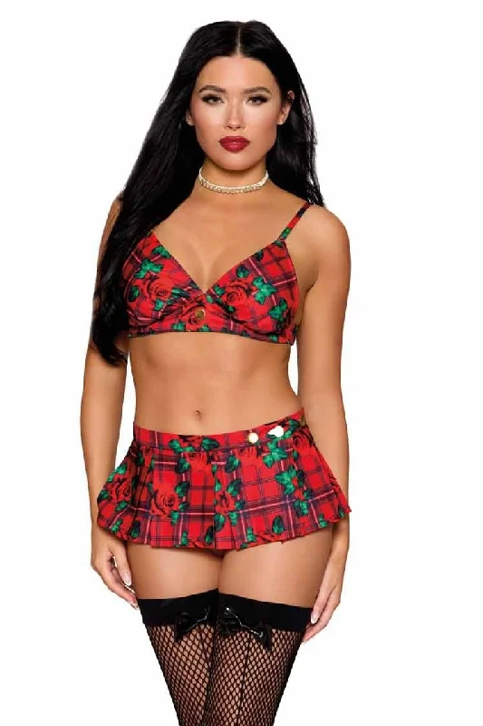Skirt with a built - in shorts for active lifestylesRose Print Bralette & Plaid Mini Skirt
