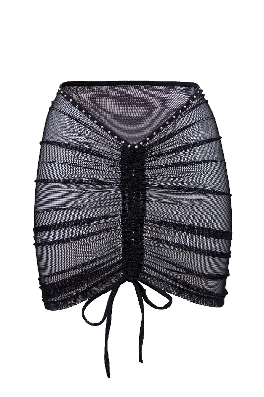 Petite - sized pencil skirt with a shorter hemlineRhinestone Mesh Skirt Cover-up / Drawstring Ruched Skirt / Crystals RUCHED BLACK