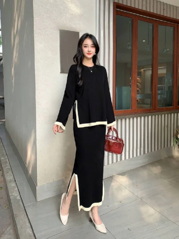 Hand - wash only silk skirt with intricate embroideryPenelope Winter Coord Set - Set of Sweater and Skirt