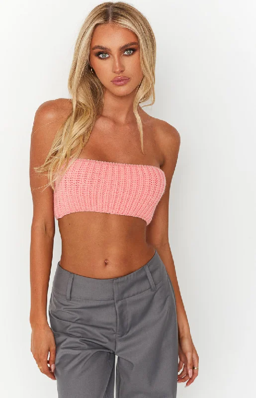 Long - Sleeve Women's Ribbed Crop Top in Beige for a Stylish and Cozy Fall OutfitDebbie Pink Knit Bandeau
