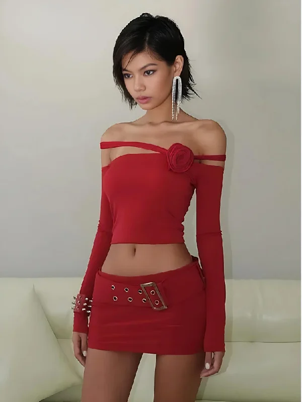 Ruffled Cuff Women Long Sleeve Top with a Feminine TouchBaddie Rose Asymmetric Off Shoulder Top