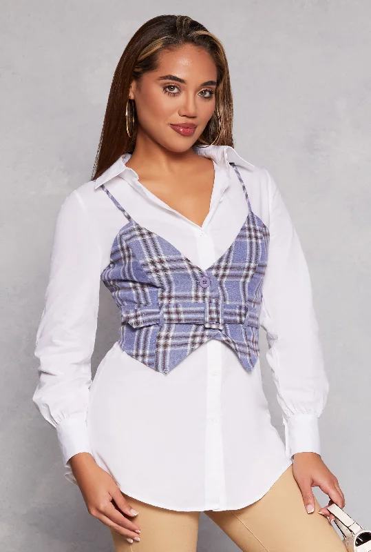 Lace - Trimmed Women Long Sleeve Top for an Elegant LookHaute Monde Long Sleeve Shirt with Plaid Vest