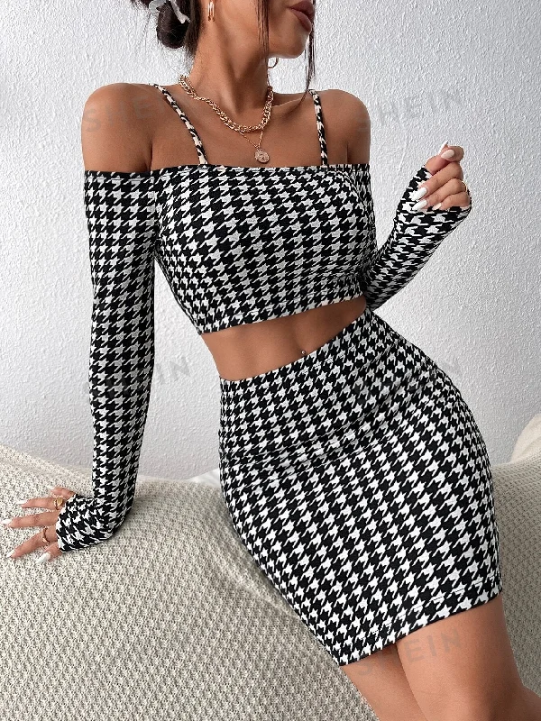 Petite - sized pencil skirt with a shorter hemlinePrivé Houndstooth Print Cold Shoulder Crop Top & Bodycon Skirt