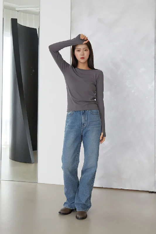 Lightweight Women Long Sleeve Top for Spring and AutumnRibbed Long Sleeve Tee F02