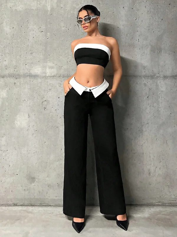 ICON Contrast Panel Tube Top & Wide Leg Pants