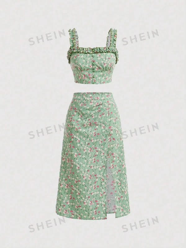 Animal - print wrap skirt for a wild and stylish statementMOD Floral Print Frill Trim Cami Top & Slit Hem Skirt Set