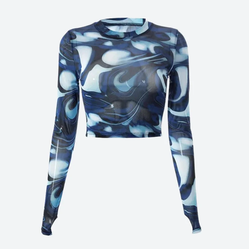 Mock Neck Women Long Sleeve Top for a Modern AestheticCyberpunk Blue Aura Sheer Top