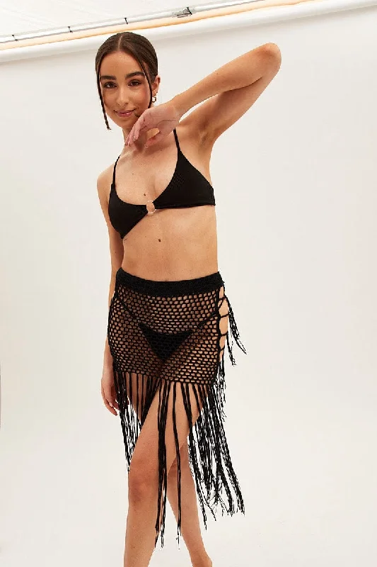 High - low hem chiffon skirt for a modern and elegant appearanceBlack Crochet Beach Skirt