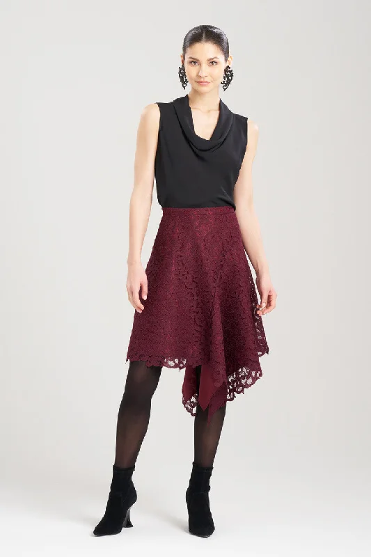 Wrinkle - resistant polyester skirt for travel convenienceScroll Lace Asymmetric Skirt