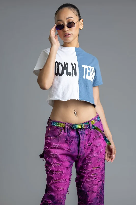 WHITE N BLUE TWO-TONE SPRAY CNT CROP TEE