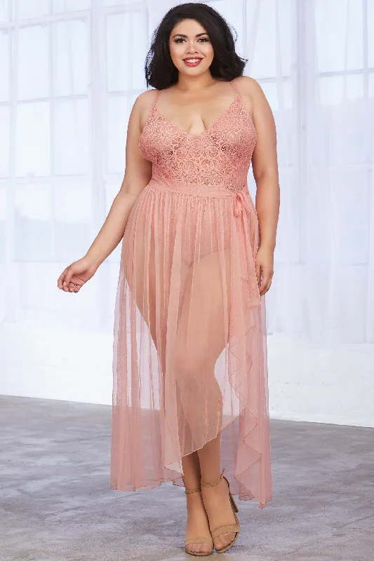 Embroidered organza skirt for a formal wedding guest lookLace Teddy & Sheer Wrap Skirt