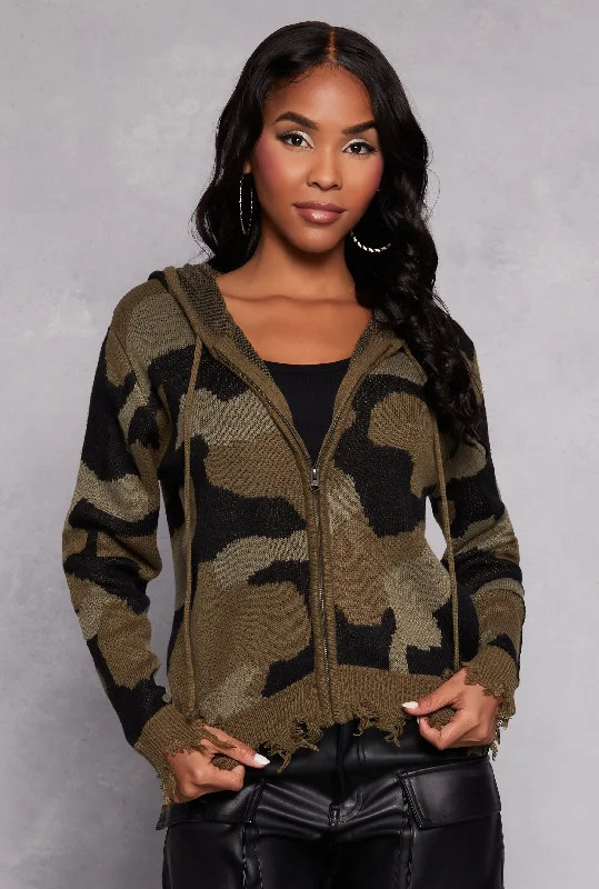 Distressed Camo Zip Front Hooded Sweater