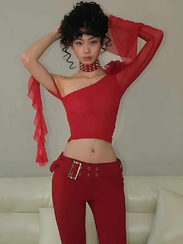 Ruffled Cuff Women Long Sleeve Top with a Feminine TouchBaddie Rose One Shoulder Mesh Top