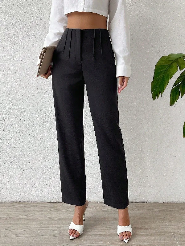 Essnce Solid Fold Pleated Straight Leg Pants