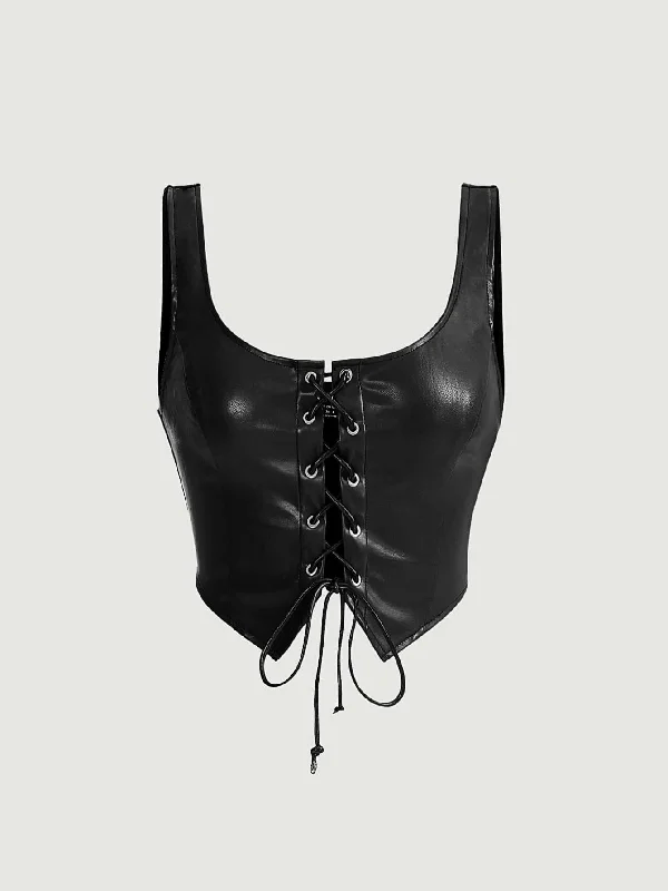 Women's Spaghetti Strap Tank Tops with Geometric PatternsSHEIN Lace Up Front PU Leather Tank Top Women's Spaghetti Strap Tank Tops with Geometric PatternsSHEIN Lace Up Front PU Leather Tank Top