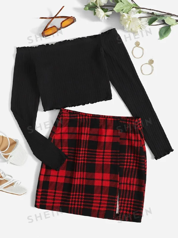 Camouflage - print cargo skirt for outdoor adventuresEssnce Ribbed Knit Lettuce Trim Off Shoulder Crop Top & Plaid Print Split Hem Skirt