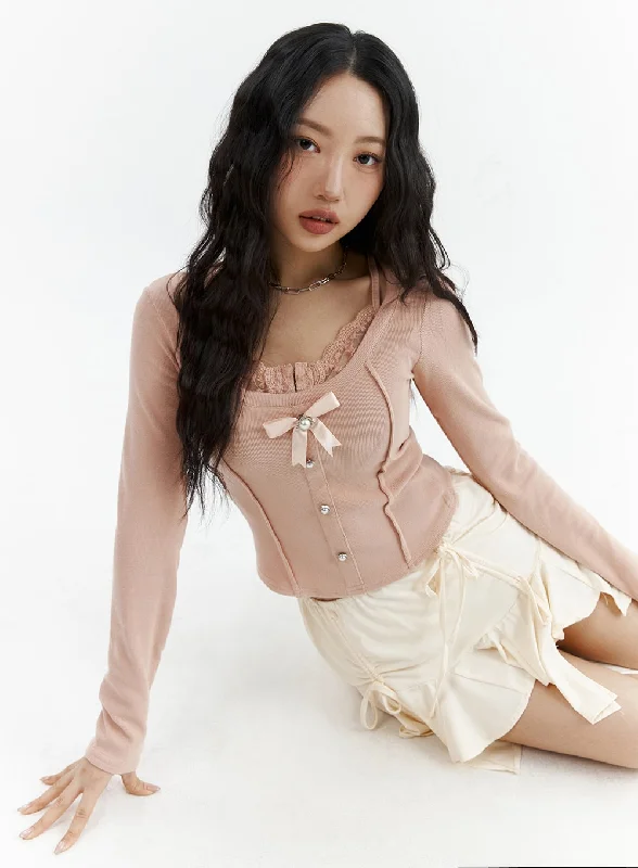 Cable - Knit Women Long Sleeve Top with a Cozy TextureLace Corset Button Top CJ425