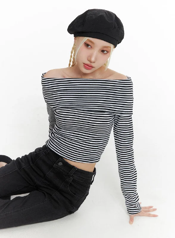 Puffer - Sleeve Women Long Sleeve Top for a Fashion - Forward LookStriped Off Shoulder Top IF408 Puffer - Sleeve Women Long Sleeve Top for a Fashion - Forward LookStriped Off Shoulder Top IF408