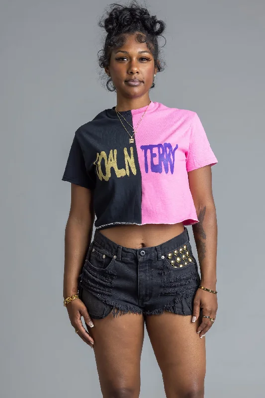 PINK N BLK TWO-TONE SPRAY CNT CROP TEE