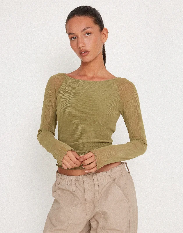 Mahira Long Sleeve Mesh Top in Olive