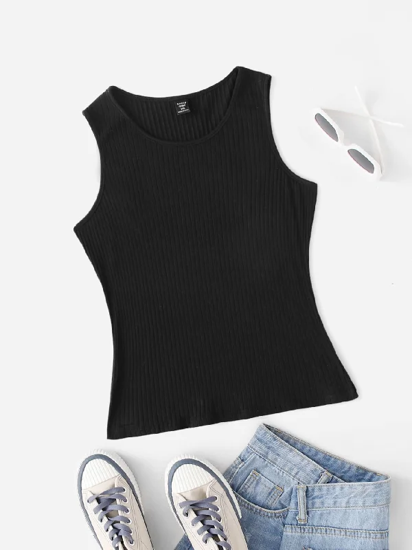 Women's Longline Tank Tops with Abstract PrintsSHEIN Plus Ribbed Knit Tank Top