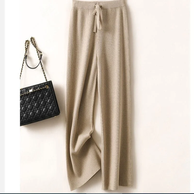 Knitted wide-leg pants high waist solid color casual high elastic straight pants women