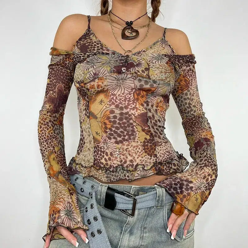 Plus Size Women Long Sleeve Top for a Flattering and Comfortable FitFairycore Floral Mesh Top