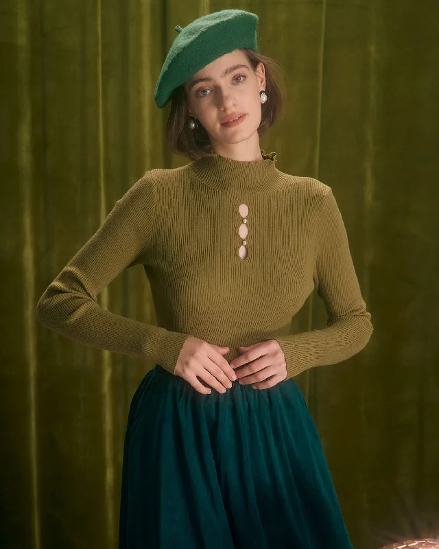 The Army Green Mock Neck Cutout Knit Top