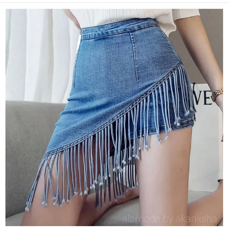 Mini - length leather skirt for a bold and edgy styleFringes Denim Skirt