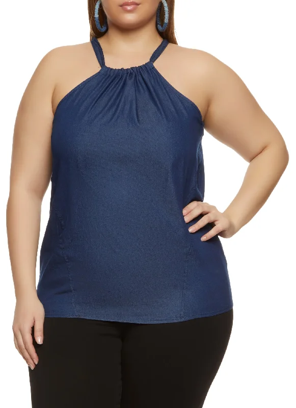 Sustainable halter top made from recycled materialsPlus Size Solid Denim Halter Top