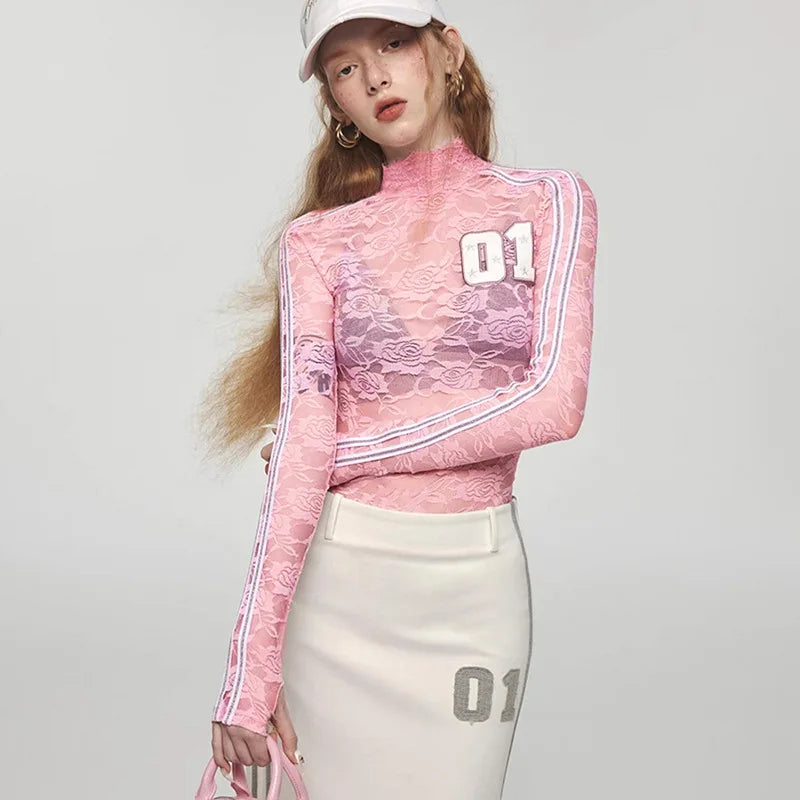 Turtleneck Women Long Sleeve Top for Cold Winter DaysY2K Embroidered Lace Top