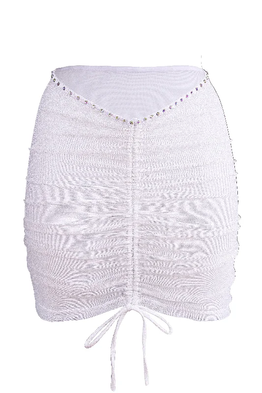 Plus - size A - line skirt with side pockets for added convenienceRhinestones Mesh Skirt Cover-up / Drawstring front Ruched Skirt / Crystals RUCHED WHITE