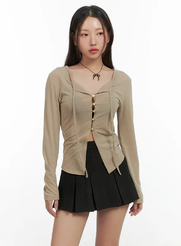 String Detail Long Sleeve Button Top CO417