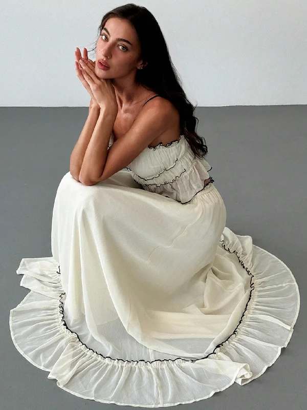 Retro - style circle skirt with a wide waistbandRomantic Date/ Vacation Contrast Trim Texture Layered Camisole Top + Contrast Trim Umbrella Skirt Two-Piece Set For Women