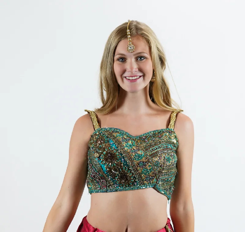 Silk Heavy Embroidered Pine Green And Teal Blue Sleeveless Crop Top