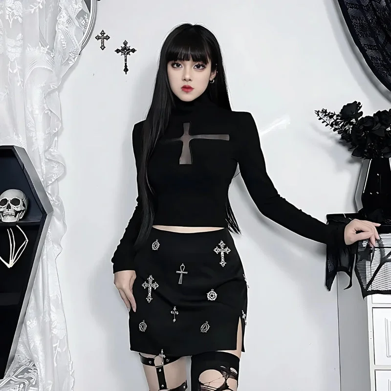 Mock Neck Women Long Sleeve Top for a Modern AestheticGoth Cross Cut Out Top